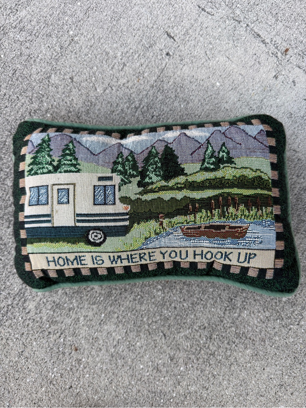 Needle Point Embroidered Camper & Lake Accent Pillow "Home Is Where You Hook Up"